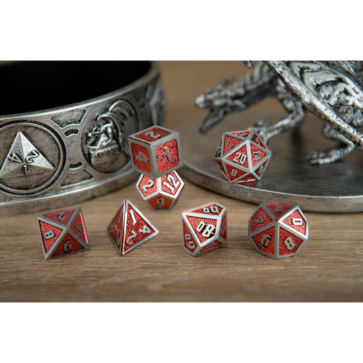 Draconis Solid Metal Polyhedral Dice set - Brushed Iron with Red - Premium Polyhedral Dice Set - Just $39.99! Shop now at Retro Gaming of Denver