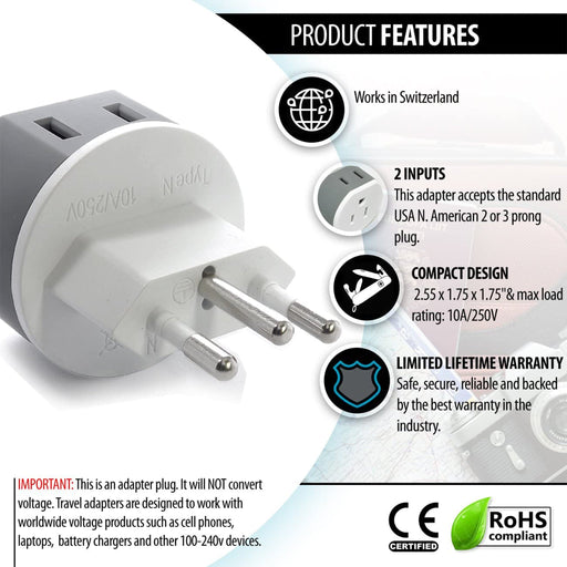 Switzerland Travel Adapter - 2 in 1 - Type J - Compact Design (US-11A) - Premium Travel adapter - Just $12.99! Shop now at Retro Gaming of Denver