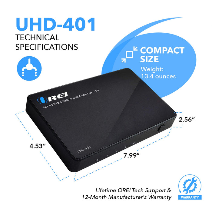 Ultra HD 4x1 HDMI Switch with Audio Extractor & IR Remote (UHD-401) - Premium HDMI Switches - Just $54.99! Shop now at Retro Gaming of Denver