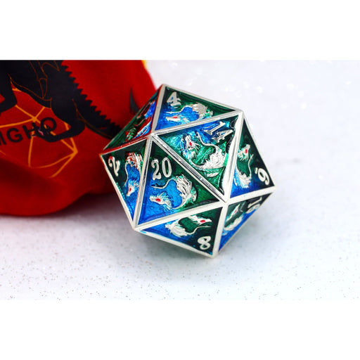 45mm Dragon D20 -Silver with Blue & Green - Premium Single D20 - Just $39.99! Shop now at Retro Gaming of Denver