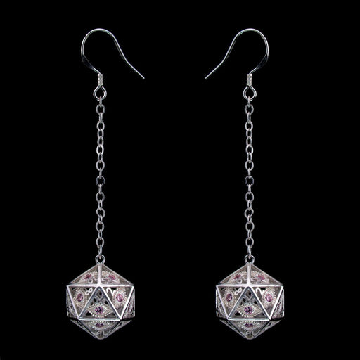 Dragon's Eye D20 Dice Earrings - Silver with Pink Gems - Premium  - Just $29.99! Shop now at Retro Gaming of Denver