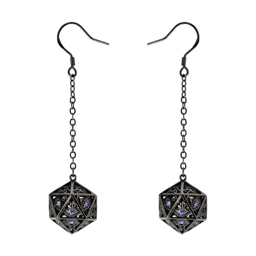Dragon's Eye D20 Dice Earrings - Gunmetal with Purple Gems - Premium  - Just $29.99! Shop now at Retro Gaming of Denver