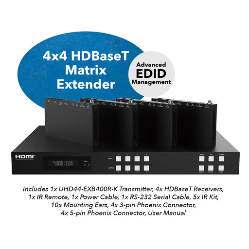 4x4 HDMI Extender With HDBaseT Over CAT5e/6/7 Upto 400 Ft - IR Control & EDID Management (UHD44-EXB400R-K) - Premium Extender - Just $1199.99! Shop now at Retro Gaming of Denver