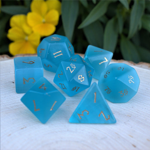 Aqua Blue Cat's Eye Stone Dice Set - Premium Stone/Glass - Just $89.99! Shop now at Retro Gaming of Denver