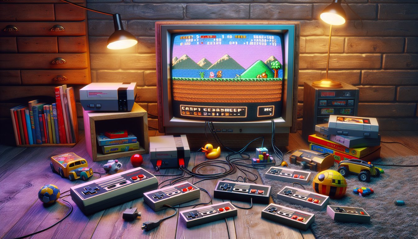 The image captures a cozy, dimly lit room reminiscent of a 90s living space, with a vintage gaming console connected to a CRT television displaying a classic pixelated game. 
