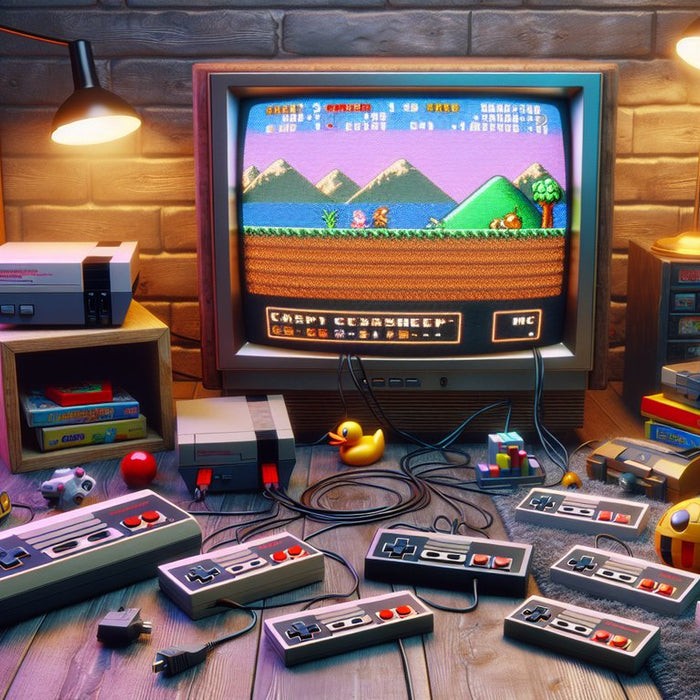 The image captures a cozy, dimly lit room reminiscent of a 90s living space, with a vintage gaming console connected to a CRT television displaying a classic pixelated game. 