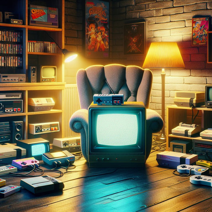 The image captures a nostalgic gaming haven, complete with a vintage CRT television glowing softly in a dimly lit room, surrounded by iconic retro consoles and a colorful array of game cartridges. 