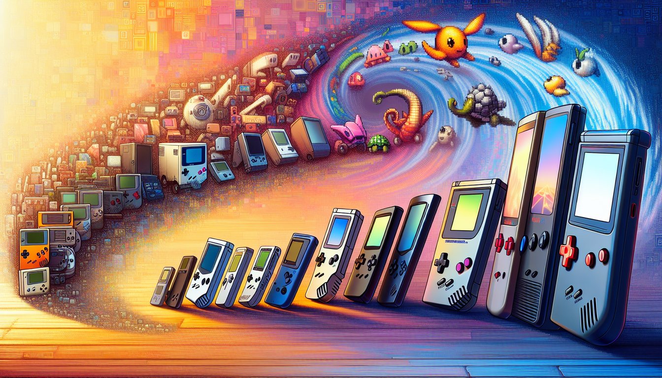 The featured image captures a dynamic progression of handheld gaming devices through the decades, artfully arranged from left to right. 
