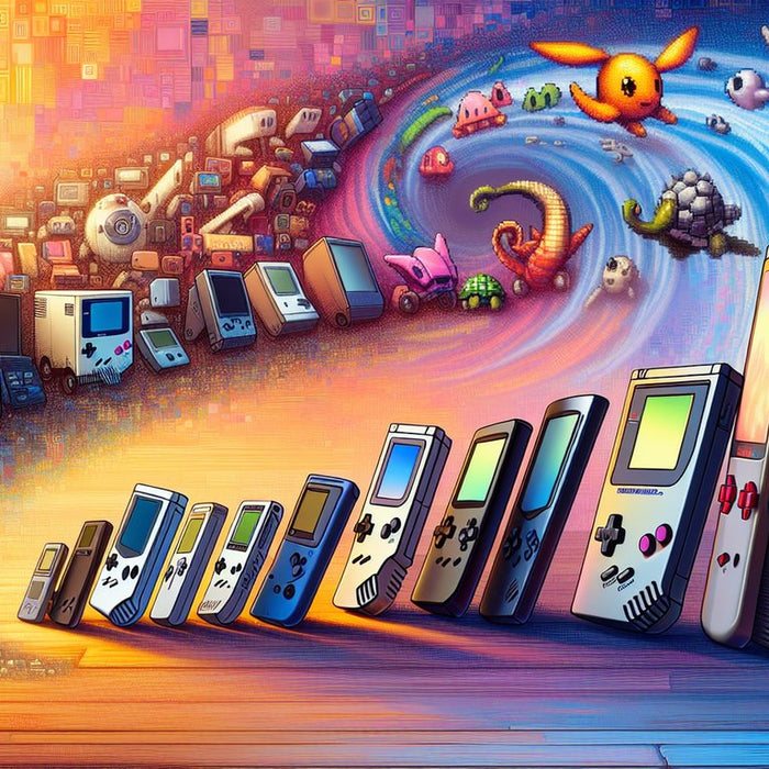 The featured image captures a dynamic progression of handheld gaming devices through the decades, artfully arranged from left to right. 