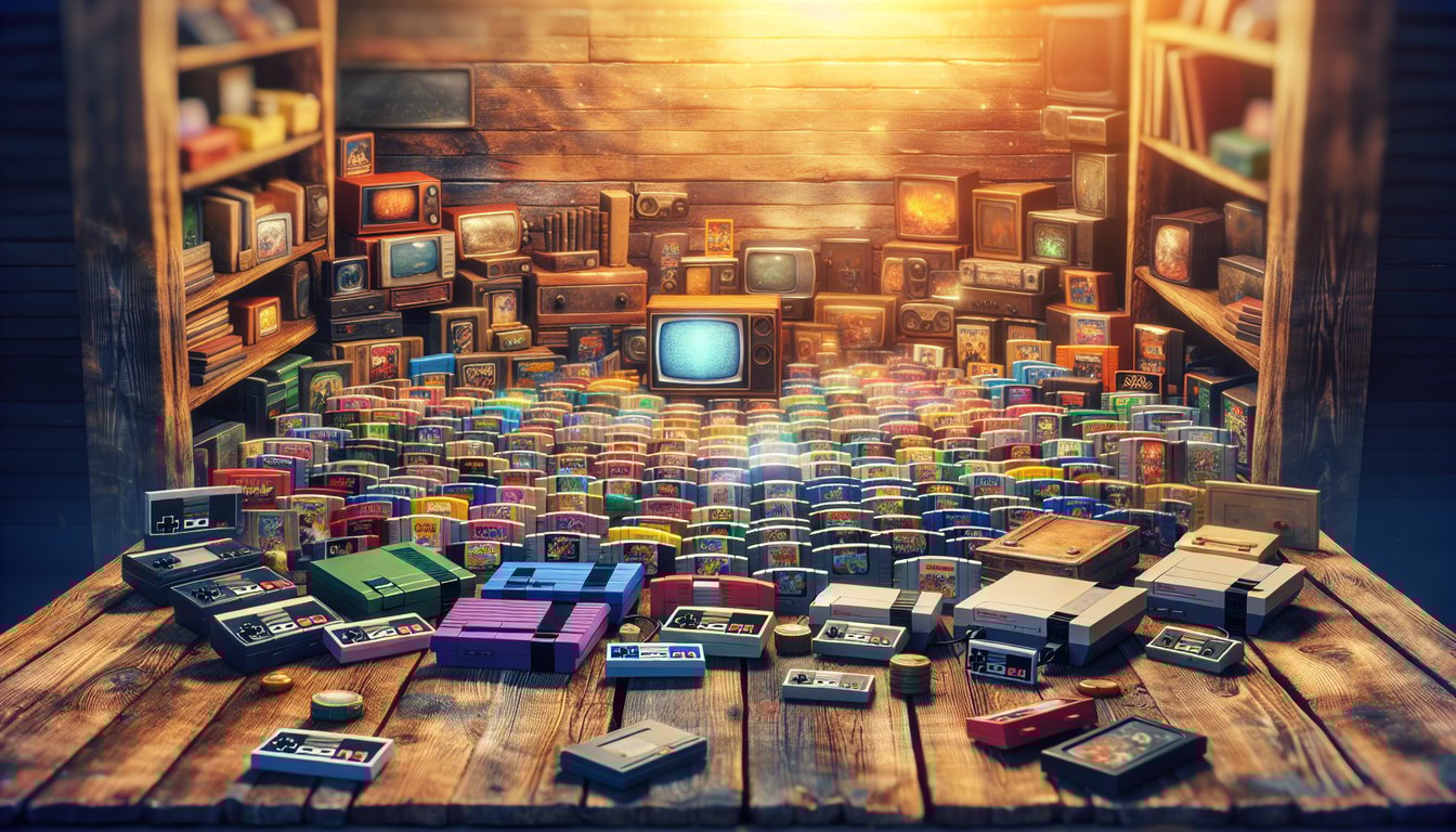 The featured image showcases an enchanting treasure trove of vintage video games, with colorful cartridges and classic consoles artfully arranged on a wooden table. 