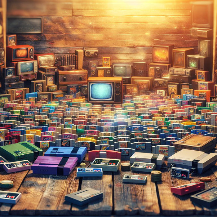 The featured image showcases an enchanting treasure trove of vintage video games, with colorful cartridges and classic consoles artfully arranged on a wooden table. 