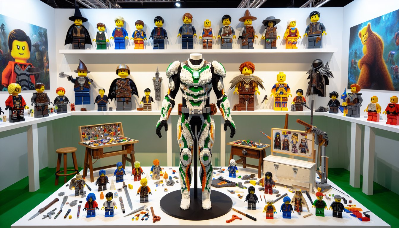 The featured image showcases a vibrant, intricately designed LEGO scene where a life-sized, custom-built LEGO costume is displayed on a mannequin, surrounded by colorful bricks and tools.