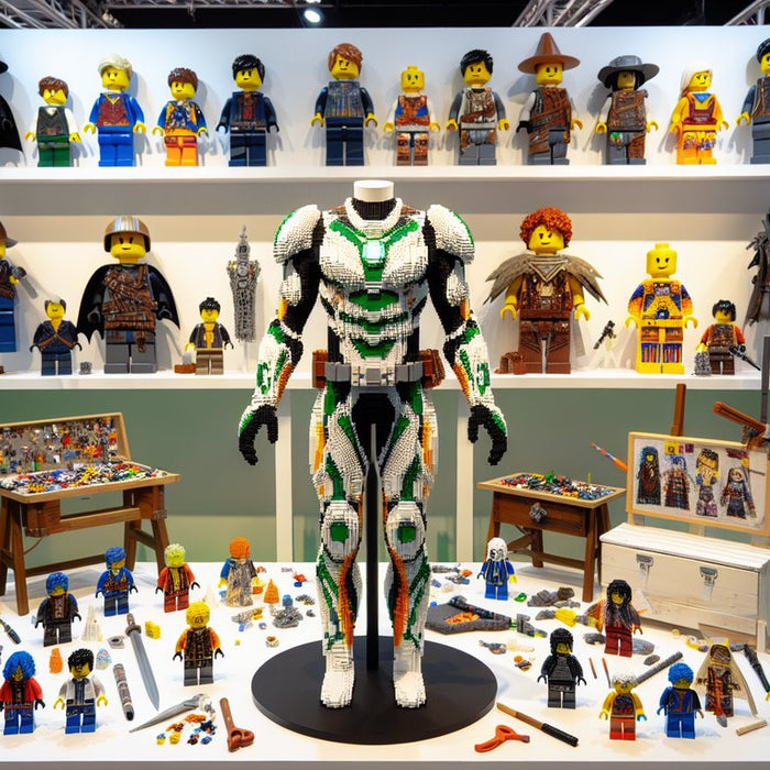 The featured image showcases a vibrant, intricately designed LEGO scene where a life-sized, custom-built LEGO costume is displayed on a mannequin, surrounded by colorful bricks and tools.