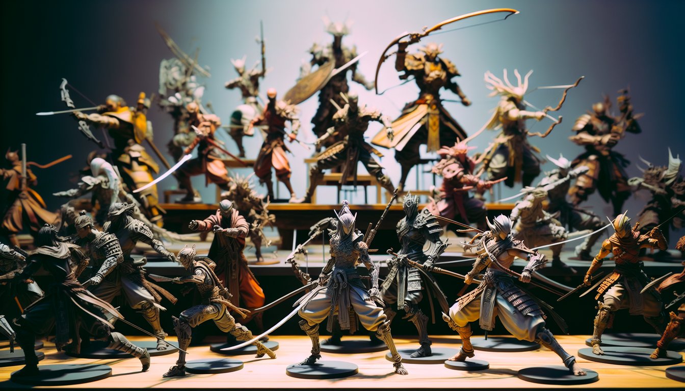 The image features a dynamic tableau of intricately detailed action figures, each representing iconic gaming characters poised in battle-ready stances on a tabletop diorama. 