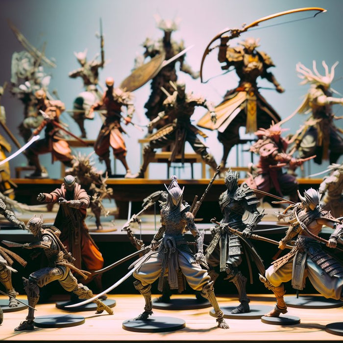The image features a dynamic tableau of intricately detailed action figures, each representing iconic gaming characters poised in battle-ready stances on a tabletop diorama. 