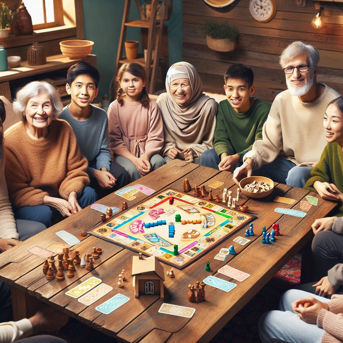 The image showcases a cozy living room setting, with a rustic wooden coffee table crowded with an assortment of vibrant, uniquely designed board game pieces and cards. 