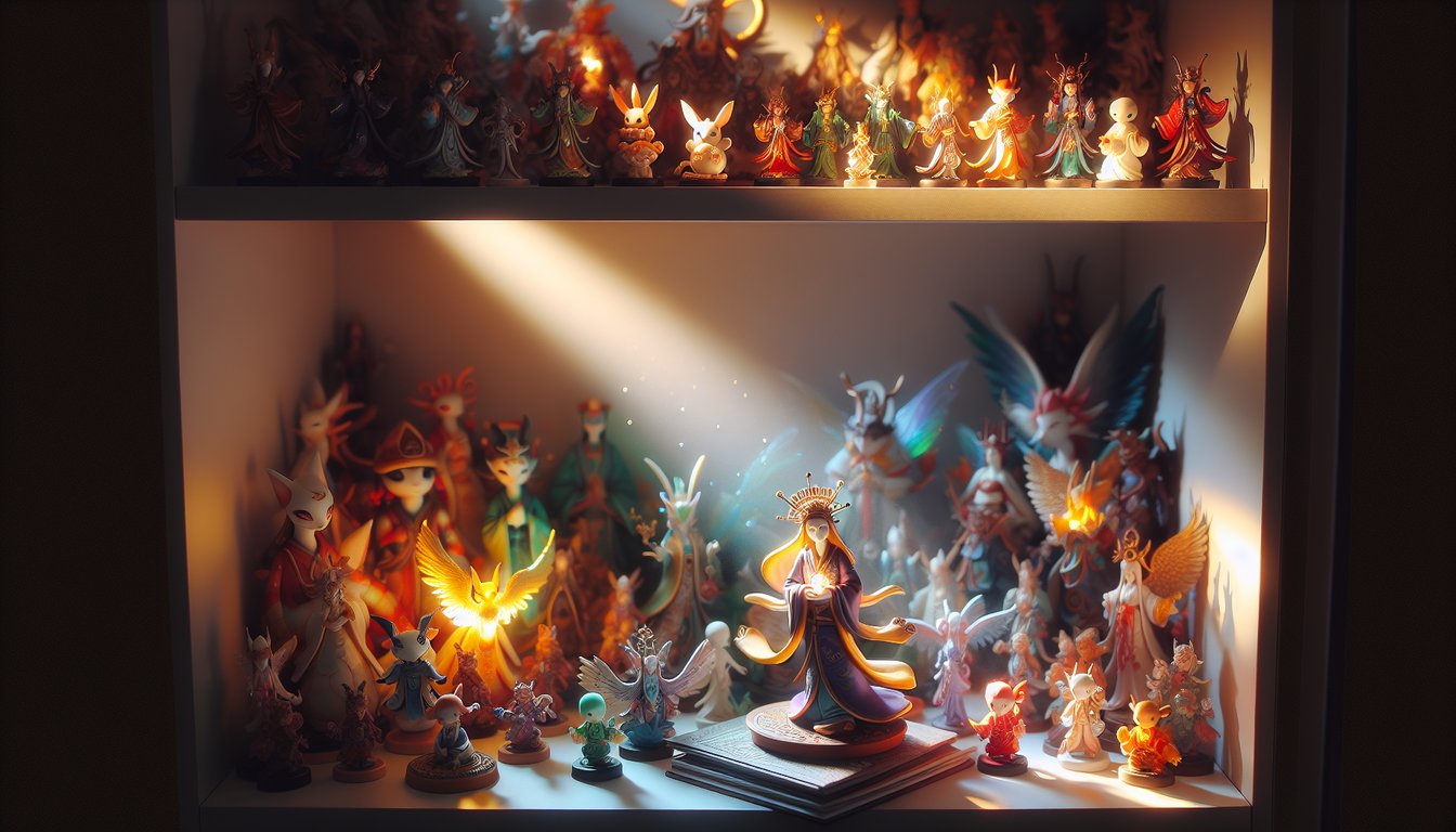 The featured image captures a beautifully arranged shelf of collectible figurines, each meticulously positioned under soft, ambient lighting that highlights their intricate details and vibrant colors. 