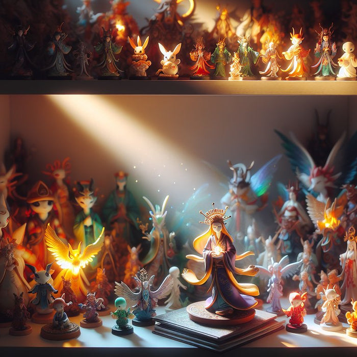 The featured image captures a beautifully arranged shelf of collectible figurines, each meticulously positioned under soft, ambient lighting that highlights their intricate details and vibrant colors. 