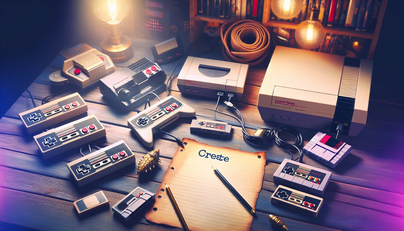 The featured image showcases an array of iconic vintage video game consoles and cartridges artfully arranged on a retro-themed wooden tabletop. 