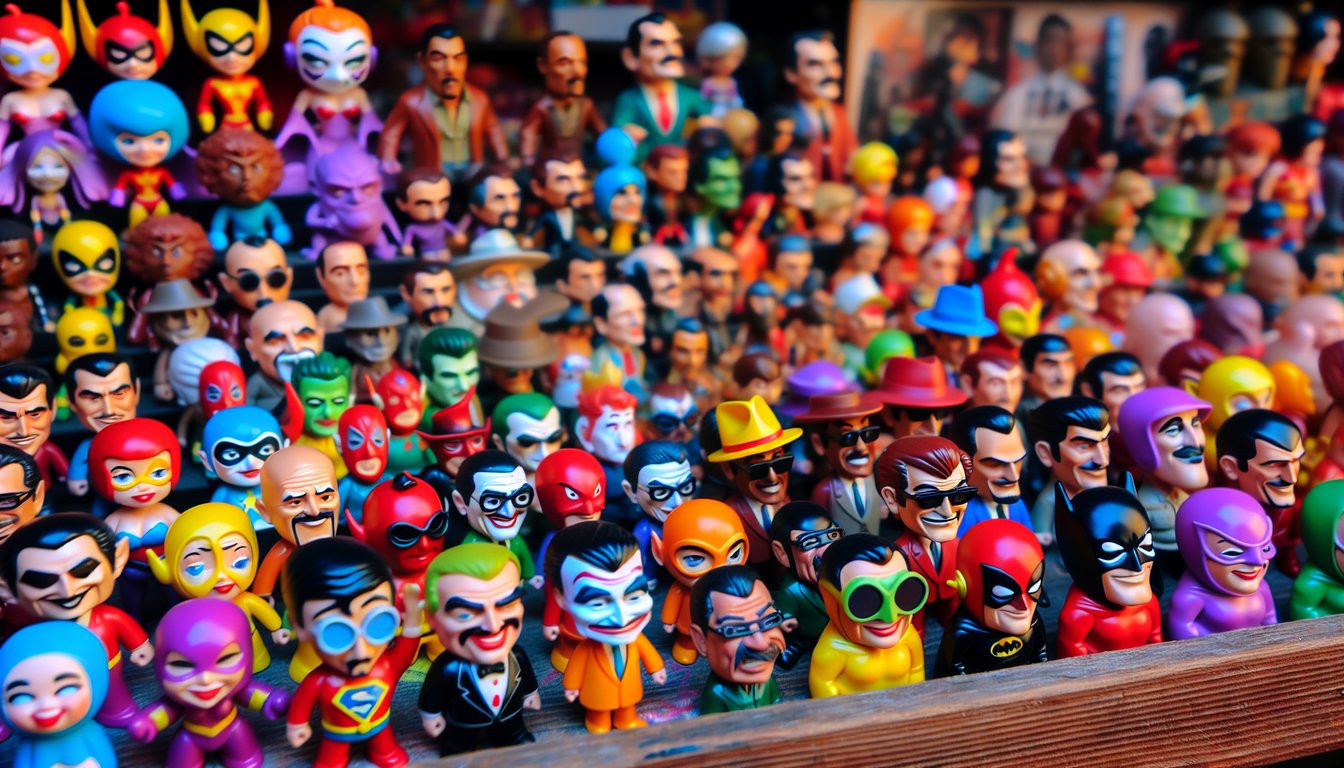 The featured image captures a vibrant, colorful display of Funko Pop figures, each meticulously arranged on a wooden shelf. 