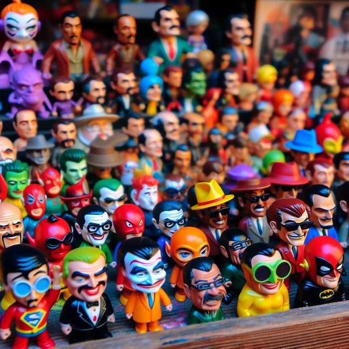 The featured image captures a vibrant, colorful display of Funko Pop figures, each meticulously arranged on a wooden shelf. 