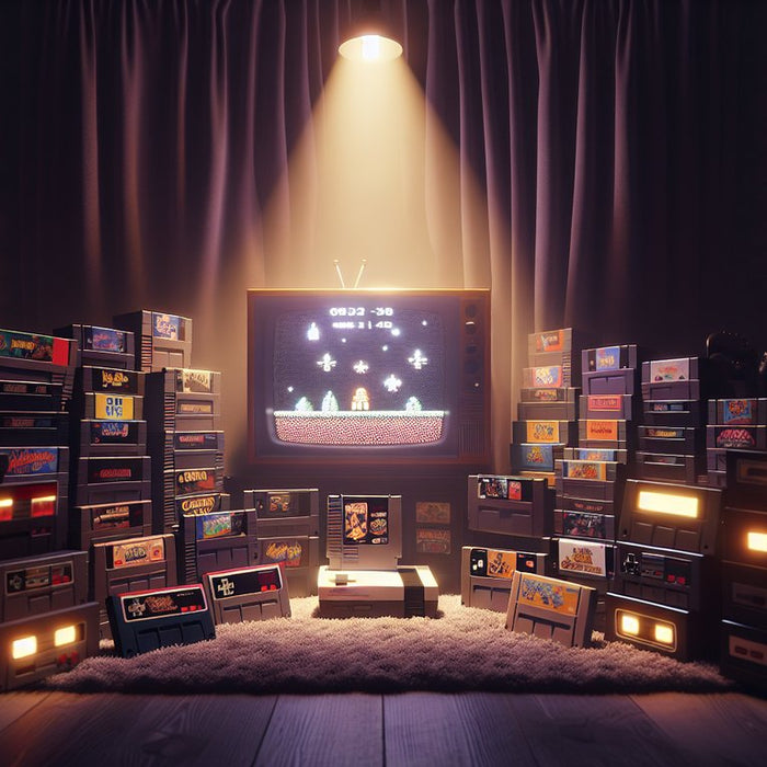 The featured image captures a nostalgic scene of a cozy, dimly-lit room filled with stacks of vintage game cartridges, retro consoles, and a glowing CRT television displaying an iconic 8-bit game. 