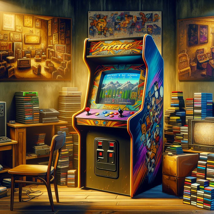 The featured image captures a nostalgic gaming setup with a well-worn, colorful arcade machine in the foreground, surrounded by vintage consoles and stacks of classic game cartridges. 
