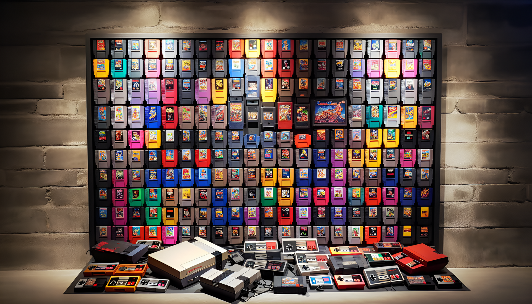 An enchanting image of a pristine collection of vibrantly colored, vintage video game cartridges, carefully arranged against a retro gaming console backdrop, sparking nostalgia for the pixelated adventures of yesteryears.