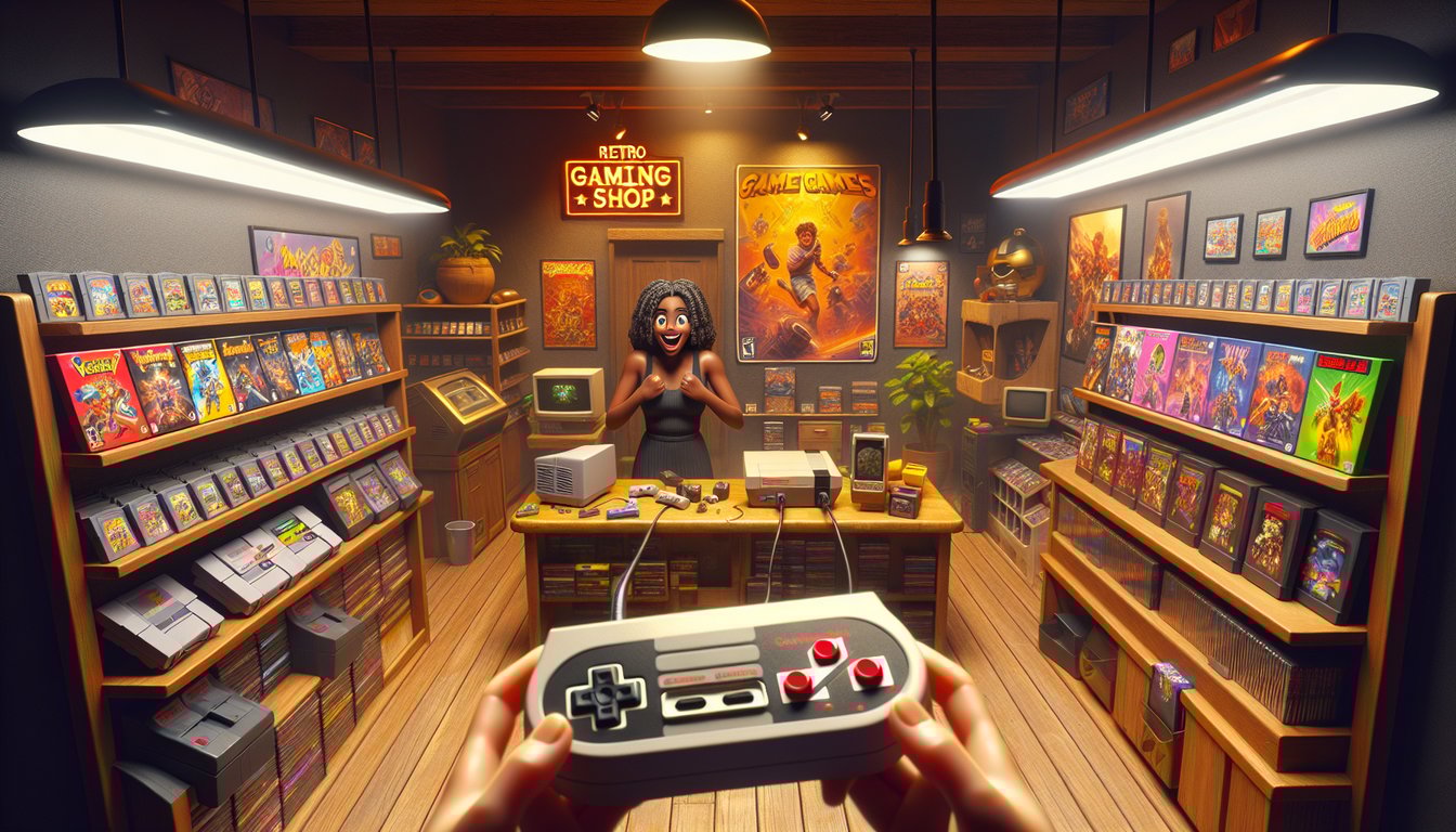 The image showcases a cozy, warmly-lit retro gaming shop, brimming with nostalgia-inducing treasures: shelves lined with vintage gaming consoles in pristine condition, their iconic designs instantly recognizable. 