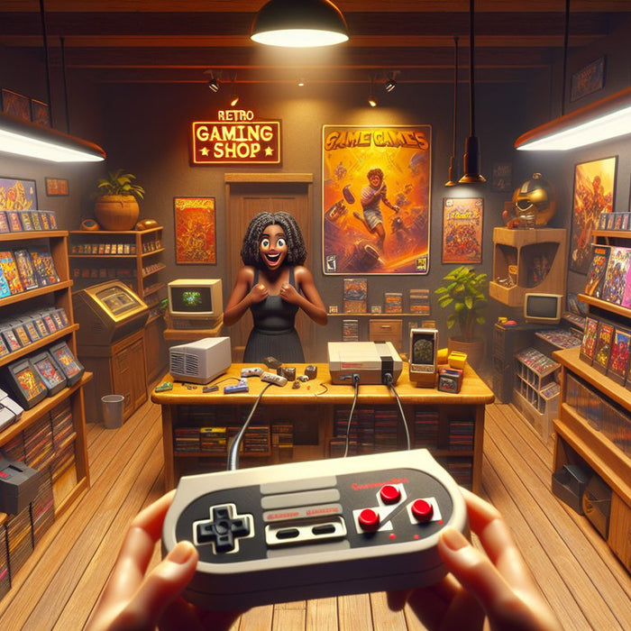 The image showcases a cozy, warmly-lit retro gaming shop, brimming with nostalgia-inducing treasures: shelves lined with vintage gaming consoles in pristine condition, their iconic designs instantly recognizable. 