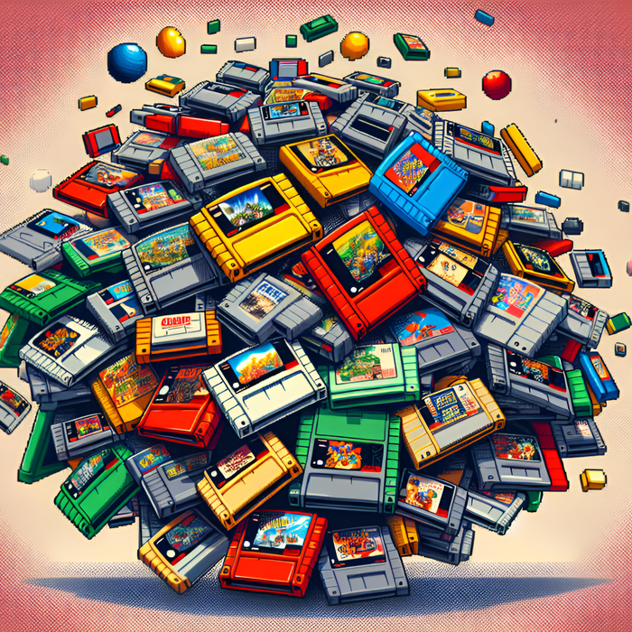 In the featured image, a cascade of brightly colored, vintage video game cartridges from around the globe tumble across a background of pixelated game landscapes, hinting at the rich, undiscovered world of rare and imported video games.
