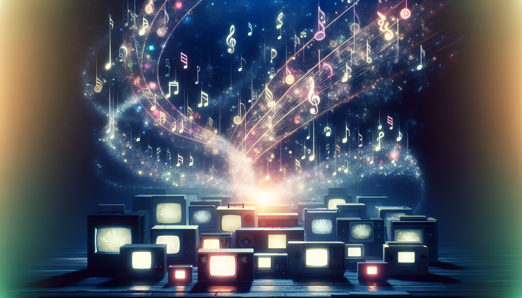 The image features an atmospheric array of vintage game consoles, with an ethereal cascade of musical notes and symbols flowing from their screens, encapsulating the magic of iconic video game soundtracks.