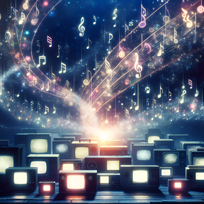 The image features an atmospheric array of vintage game consoles, with an ethereal cascade of musical notes and symbols flowing from their screens, encapsulating the magic of iconic video game soundtracks.