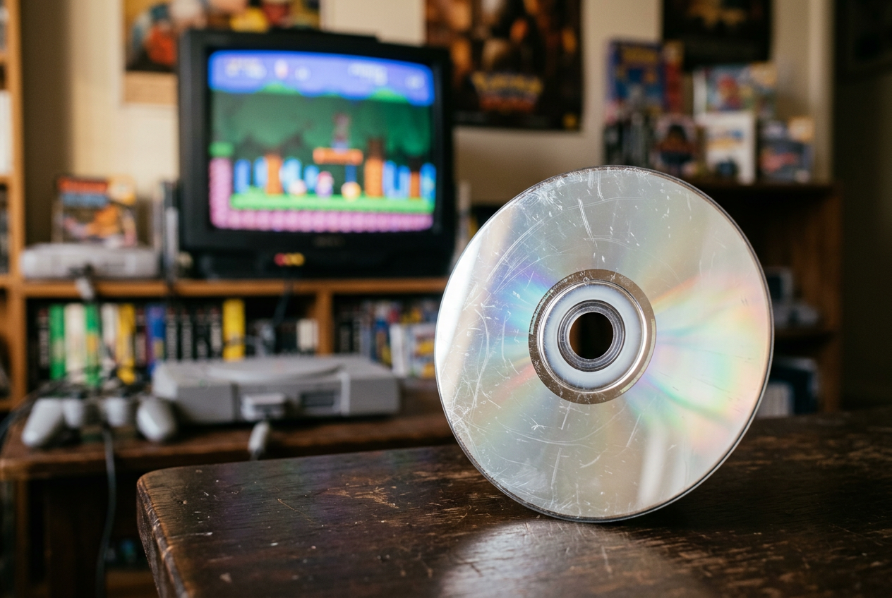 Scratched reflective underside of a video game disc with a retro gaming setup in the background