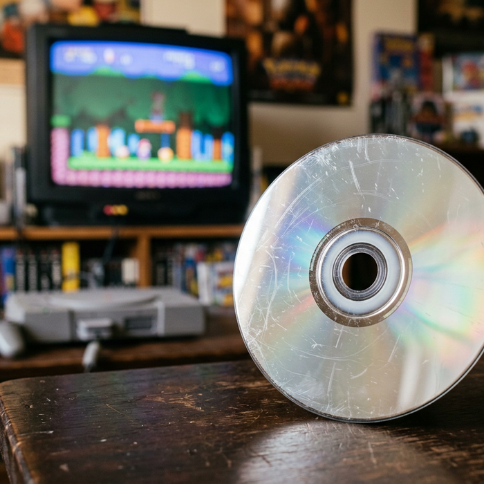 Scratched reflective underside of a video game disc with a retro gaming setup in the background
