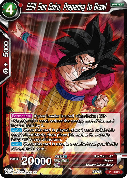 SS4 Son Goku, Preparing to Brawl (BT18-012) [Dawn of the Z-Legends] - for just $0.10! 