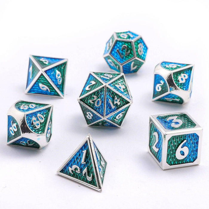 Solid Metal Mini Behemoth Dice set - Silver with Green Blue - for just $29.99! 