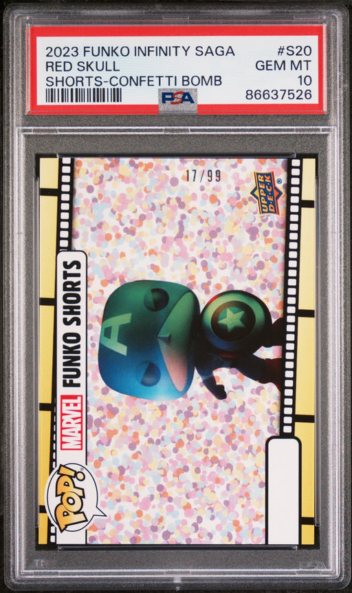 2023 UPPER DECK FUNKO POP MARVEL  SHORTS RED SKULL SHORTSCONFETTI BOMB #S20  PSA 10 - for just $149! 