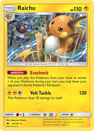 Raichu 041/147 - SM  Burning Shadows Reverse Holofoil - for just $0.16! 