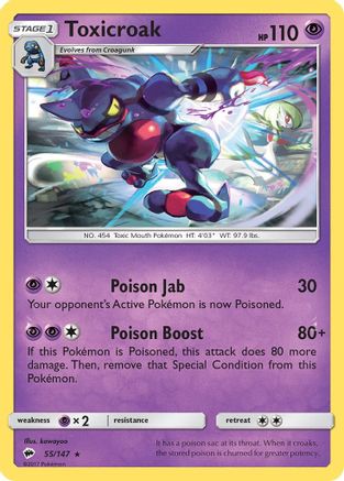 Toxicroak 055/147 - SM  Burning Shadows Reverse Holofoil - for just $0.20! 