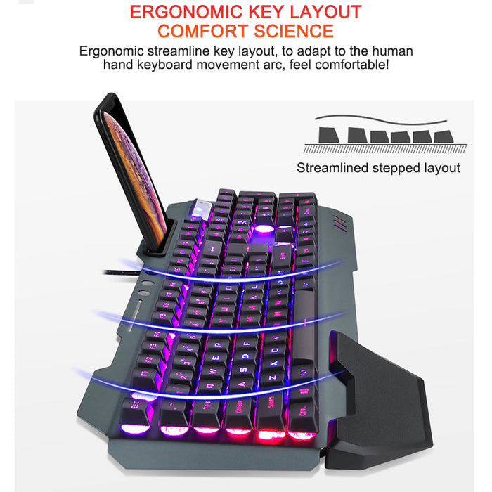 ErgonomicWired Gaming Keyboard with RGB Backlight Phone Holder - for just $65.50! 
