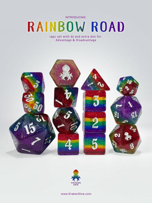 Rainbow Road 14pc Dice Set Benefiting The Trevor Project - for just $29.99! 