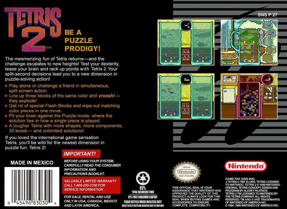 Tetris 2 – Super Nintendo Entertainment System (SNES) - for just $7.99! 