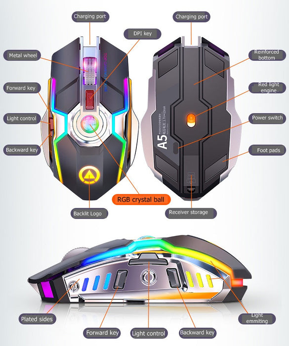 Color Wireless Gaming RGB Rechargeable Mute Button Mouse - for just $39.94! 