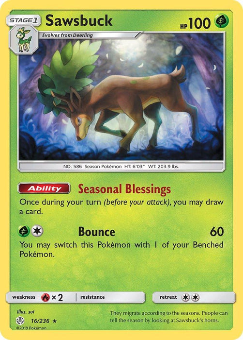Sawsbuck (16/236) (Prerelease Kit Exclusive) (Theme Deck Exclusive) [Sun & Moon: Cosmic Eclipse] - for just $0.30! 