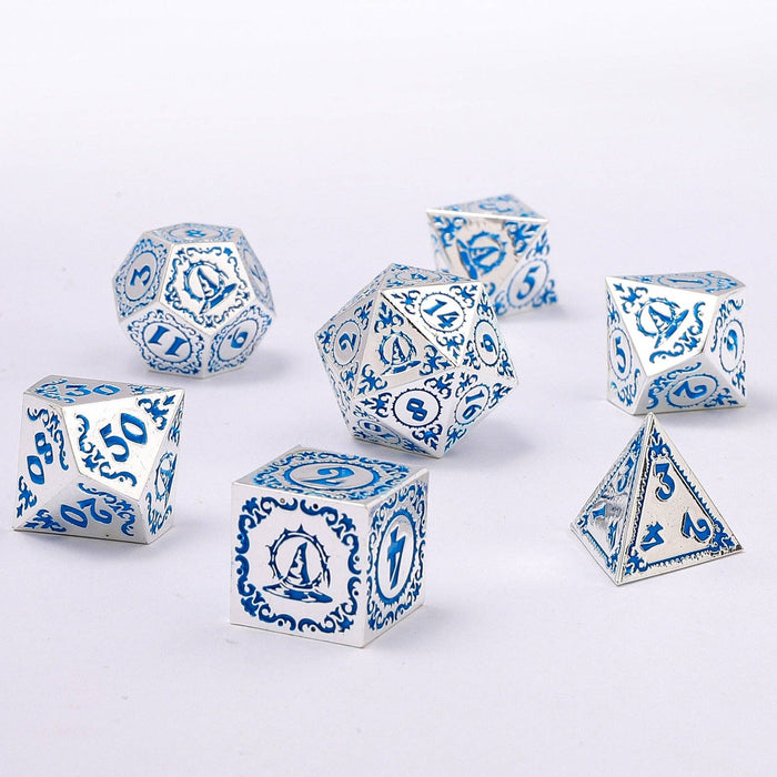 Wizard Solid Metal Polyhedral Dice Set - Silver with Blue - for just $39.99! 