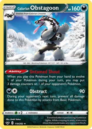 Galarian Obstagoon 119/202 - SWSH01 Sword & Shield Base Set Reverse Holofoil - for just $0.23! 