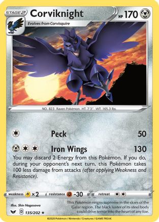 Corviknight 135/202 - SWSH01 Sword & Shield Base Set Reverse Holofoil - for just $0.23! 