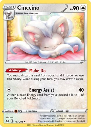 Cinccino 147/202 - SWSH01 Sword & Shield Base Set Reverse Holofoil - for just $0.40! 