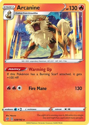 Arcanine 028/192 - SWSH02 Rebel Clash Reverse Holofoil - for just $0.50! 
